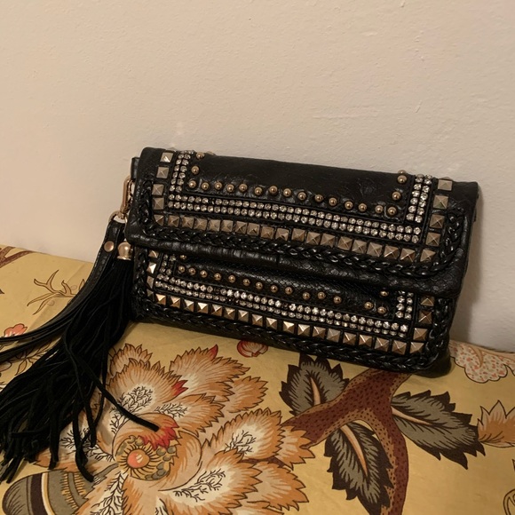 bebe Handbags - BEBE Studded Rhinestone Tassel Clutch Wristlet Bag